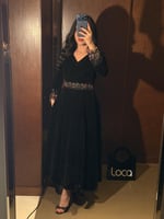 فستان سهرة اسود جوخ مخمل بأكمام طويلة مطرزة وحزام...