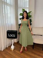 فستان ناعم زيتي انيق مطرز من لوكا فاشن