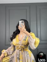 فستان قماش ناعم وبرنت مميز بلون اصفر من لوكا فاشن