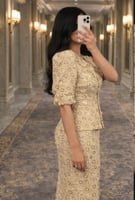 طقم ناعم دانتيل فاخر لون بيج قطعتين بتطريز فخم