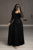 فستان شيفون طويل باكمام دانتيل و كسرات بليسيه راقي...