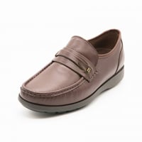 حذاء جلد طبيعي مطرز بالخيوط برباط ونعل مريح - بني