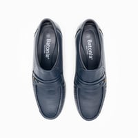 حذاء سادة بحواف مطرزة بالخيوط جلد طبيعي - كحلي