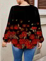 بلوزة سوداء أنيقة بمقاسات كبيرة عملية بطبعة نباتية...