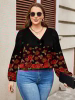 بلوزة سوداء أنيقة بمقاسات كبيرة عملية بطبعة نباتية...