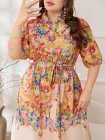 فستان صيفي بتصميم أنيق ومقاس كبير باللون الأصفر وب...