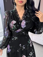 فستان نسائي طويل أنيق بطبعة زهور وأكمام منتفخة