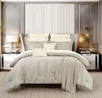 - طقم مفرش فاخر 12 قطع - رمادي فاتح بتصميم هندسي ح...