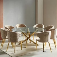 طاولة طعام زجاج بقاعدة كروم ذهبي 8 كراسي