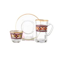 طقم شاي وقهوة زجاج بنقشات تراثية 18 قطعة ذهبي