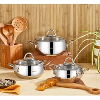 طقم قدور استيل تركي 18/10 امبوس 6 قطعة غطاء زجاج