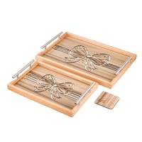 طقم صواني خشب 2 قطعة بيد معدن ارضية مزخرفة مع طبقة...