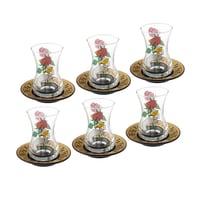 كاسات شاي زجاج شفاف ديكور وردة بصحن اسود 12 قطعة