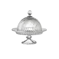 صحن كيك مدور بقاعدة وغطاء زجاج مخطط مقاس 20 سم