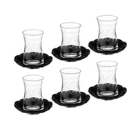 طقم كاسات شاي زجاج تركي حفر بنتو غراف بصحن اسود 6...