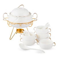 طقم شوربة بورسلان ابيض وذهبي 16 قطعة مع استاند ذهب...