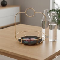 صحن تقديم زجاج اسود بحامل معدن ذهبي