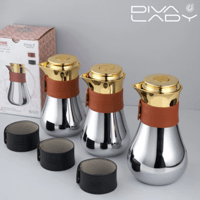 ترمس شاي وقهوة معدن فضي ذهبي بأطار جلد داخل استيل...