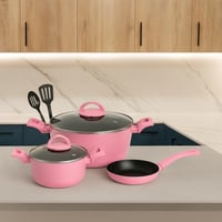 طقم قدور نيوفلون روز وردي بطبقة مانع الالتصاق بغطا...