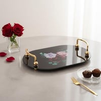 صينية تقديم يد معدن وزجاج اسود وذهبي