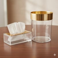 سلة وعلبة مناديل مدور اكرليك شفاف وذهبي