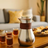 ترمس شاي وقهوة معدن فضي بأطار جلد داخل استيل 500 م...