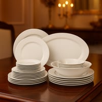 طقم عشاء بورسلان بون شاينا ابيض كريمي سادة 32 قطعة