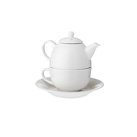 براد شاي 250 مل مع كوب وصحن بورسلان ابيض سادة