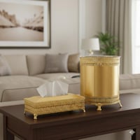 سلة وعلبة مناديل معدن ذهبي مدور