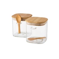 طقم علب بهارات زجاج بغطاء خشب 4 قطعة وملاعق