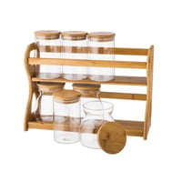 طقم علب سكر وشاي وبهارات زجاج مع استاند خشب