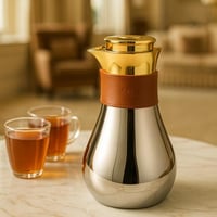 ترمس شاي وقهوة معدن فضي ذهبي بأطار جلد داخل استيل...