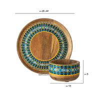 صينية خشب هندي مدورة مزخرفة مع صحن بالوسط