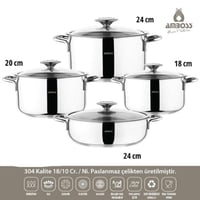 طقم قدور استيل تركي 18/10 امبوس 8 قطعة غطاء زجاج