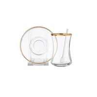 كاسات شاي زجاج شفاف ذهبي مع ملاعق 18 قطعة