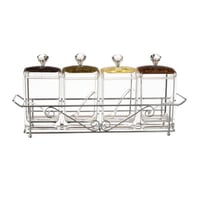 طقم علب بهارات اكريلك 4 قطعة مع حامل معدن فضي