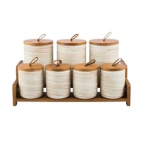 طقم علب سكر وشاي وبهارات سيراميك بغطاء و حامل خشب...