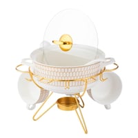 طقم شوربة بورسلان ابيض وذهبي 16 قطعة مع استاند ذهب...