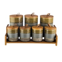 طقم علب سكر وشاي و بهارات بورسلان مع استاند خشب 7...