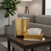 سلة وعلبة مناديل معدن ذهبي