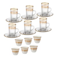 طقم شاي وقهوة عربي 18 قطعة بنقشة زهور ذهبي مطفي