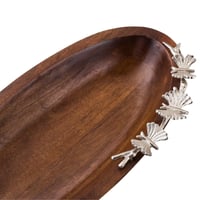 صحن فواكه خشب هندي بيضاوي بديكور فراشات فضي