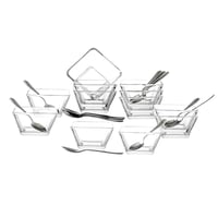 طقم زبادي حلا زجاج شفاف مربع مع ملاعق معدن 24 قطعة...