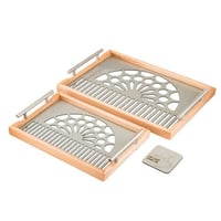 طقم صواني خشب 2 قطعة بيد معدن ارضية مزخرفة مع طبقة...