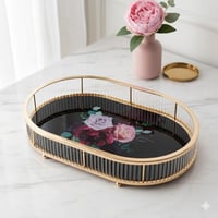 صينية تقديم معدن وزجاج اسود وذهبي بيضاوي