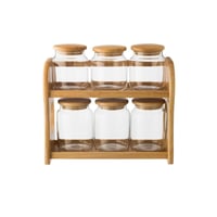 طقم علب بهارات زجاج مع استاند خشب 6 قطعة 2 دور