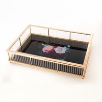 صينية تقديم معدن وزجاج اسود وذهبي مستطيل