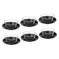 طقم زبادي زجاج شفاف مع صحن بورسلان اسود 12 قطعة