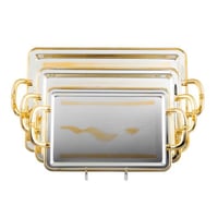 طقم صواني معدن مستطيل 3 قطعة فضي منقوش وذهبي