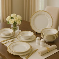 طقم عشاء بورسلان فاخر ابيض وذهبي بنقشات ناعمة 28 ق...